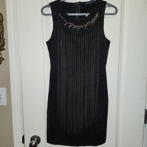 Black fringe tank style bodycon dress with spiked studs and fringe sz Large NWT - Picture 1 of 12